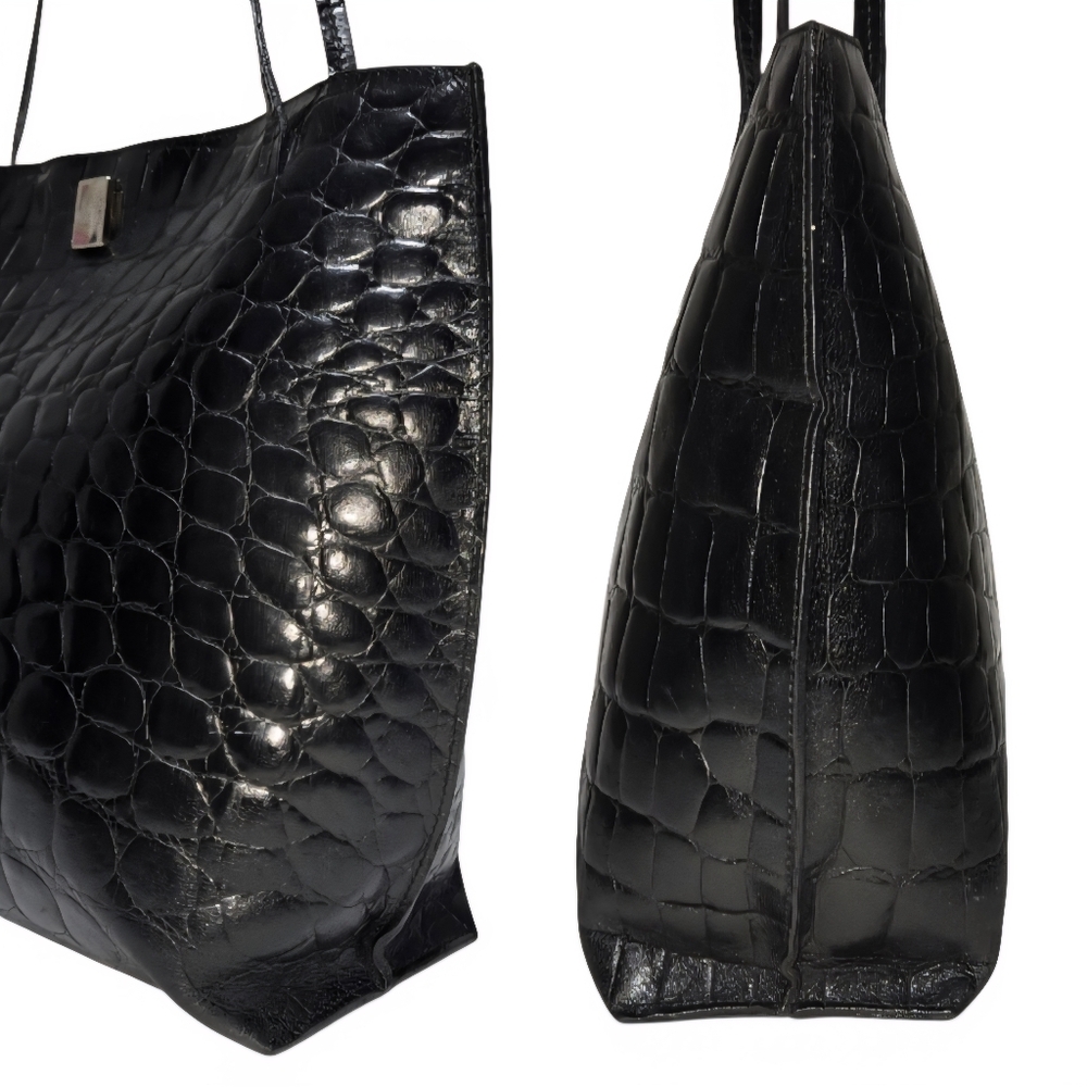 Furla Vintage Glossy Black Croc-Embossed Turn-lock Tote Bag-EUC - Picture 8 of 13